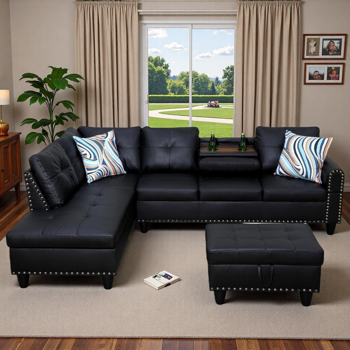 Bergenfield Furniture 97.5 Inch L Shaped Modular Sectional Couch Set with Storage Ottoman 4 Seat Leather Sofa Chaise Living Room Apartment