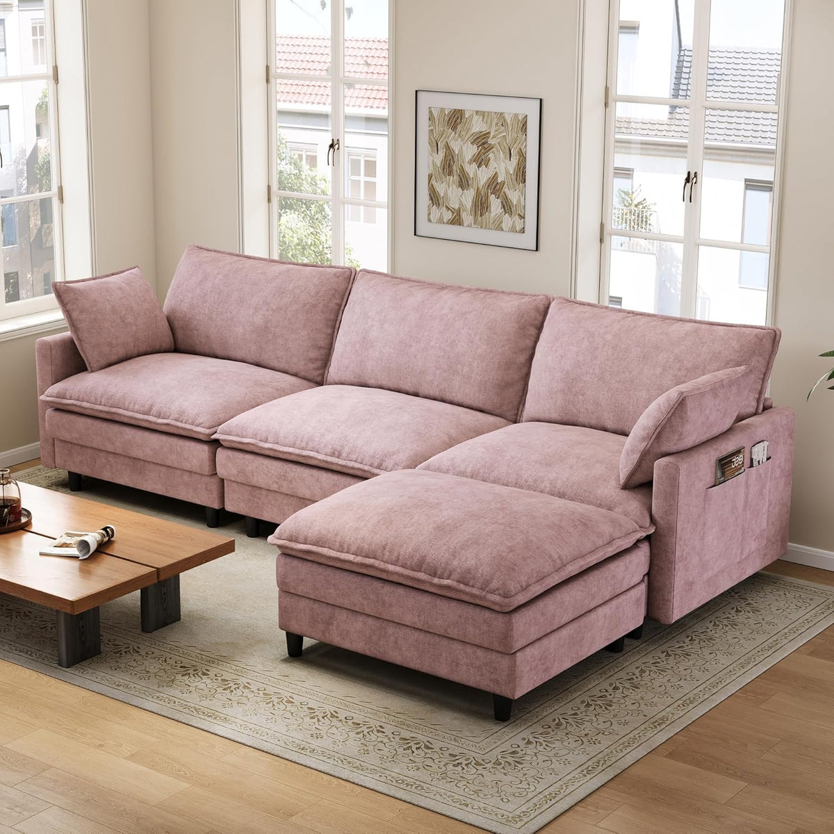 Bergenfield Furniture 102 Inch L Shaped Modular Sectional Sofa 3 Seater Cloud Couch with Ottoman Deep Seat