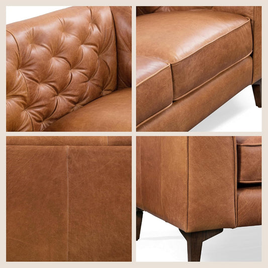 Bergenfield Furniture Full Grain Italian Leather Sofa Tufted Back Feather Down Comfort Solid Wood