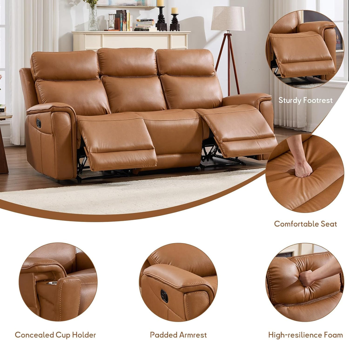 Bergenfield  Furniture 3 Seater Recliner Sofa Manual Faux Leather Reclining Couch with Cup Holder