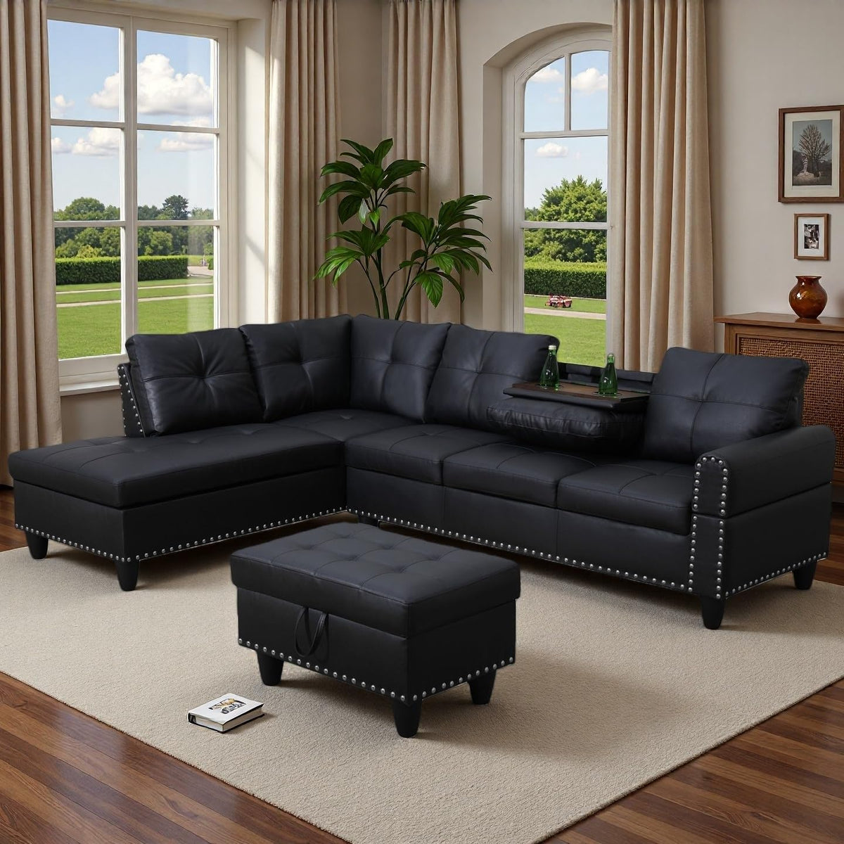 Bergenfield Furniture 97.5 Inch L Shaped Modular Sectional Couch Set with Storage Ottoman 4 Seat Leather Sofa Chaise Living Room Apartment