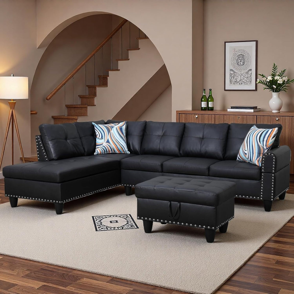 Bergenfield Furniture 97.5 Inch L Shaped Modular Sectional Couch Set with Storage Ottoman 4 Seat Leather Sofa Chaise Living Room Apartment