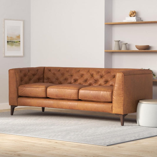 Bergenfield  Furniture Full Grain Italian Leather Sofa Tufted Back Feather Down Comfort Solid Wood