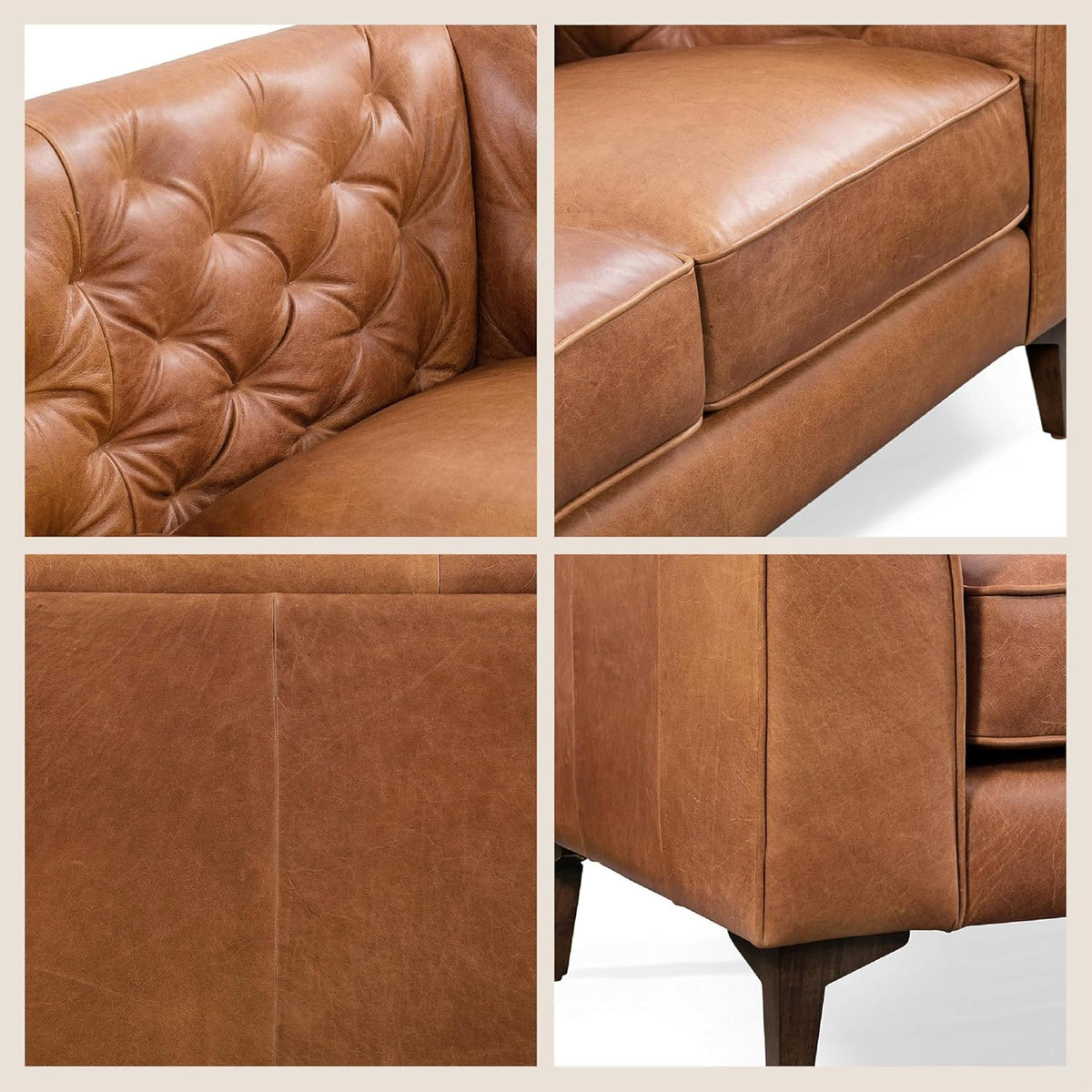 Bergenfield  Furniture Full Grain Italian Leather Sofa Tufted Back Feather Down Comfort Solid Wood